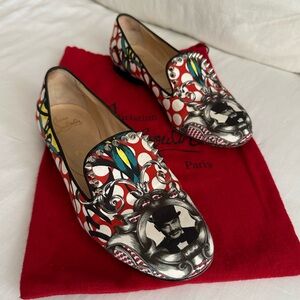Christian Louboutin Multicolor Fabric Sakouette Face Polka Dot Loafers Size 38